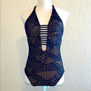 🌴 Mossimo Black & Tan Crochet Halter One-piece Swimsuit